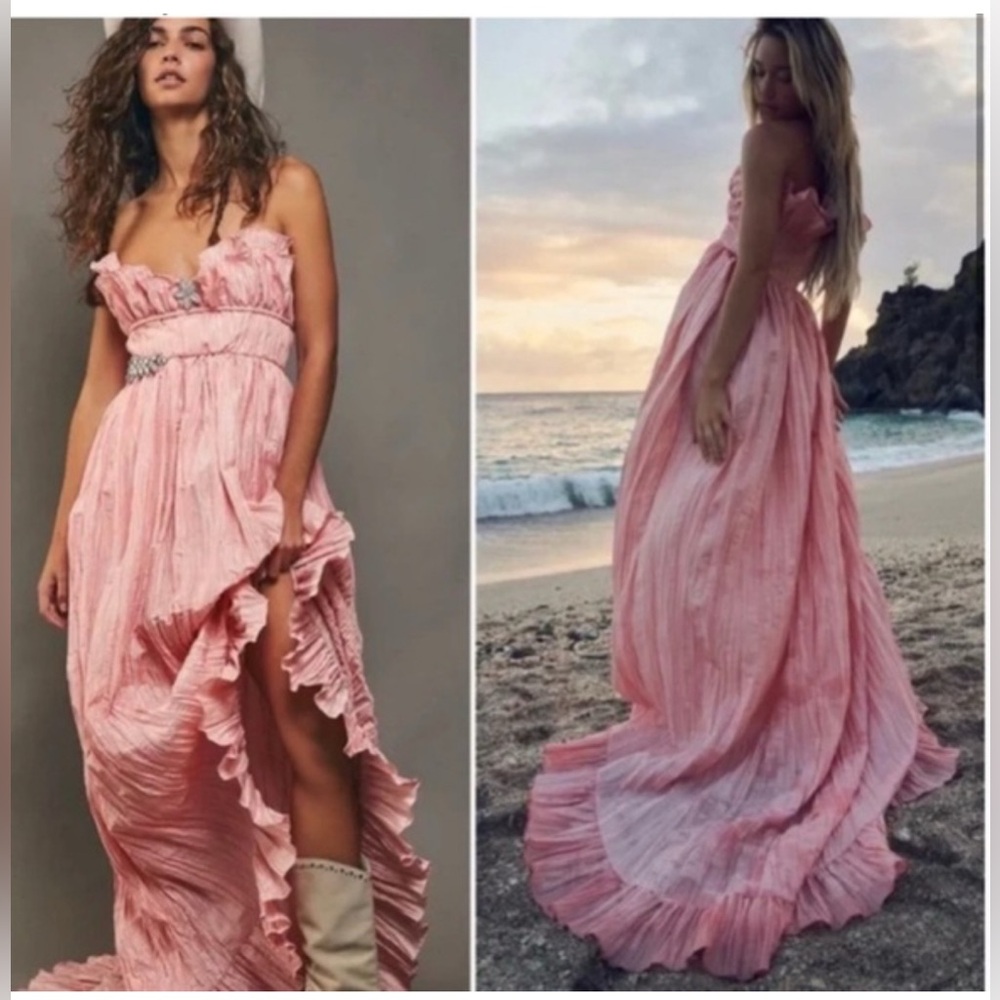 LoveShackFancy Blush Pink Ruffled Strapless Maxi Gown